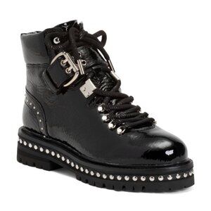 LOLA CRUZ Patent Finish Lace Up Booties